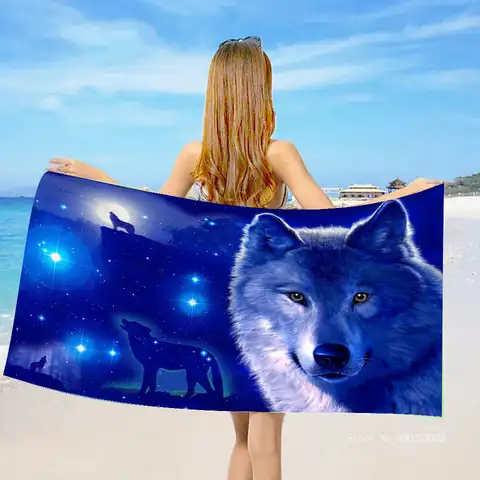 Банное полотенце с изображением животного волка, летнее пляжное 3d-полотенце из микрофибры для плавания, быстросохнущее синее пляжное полот...