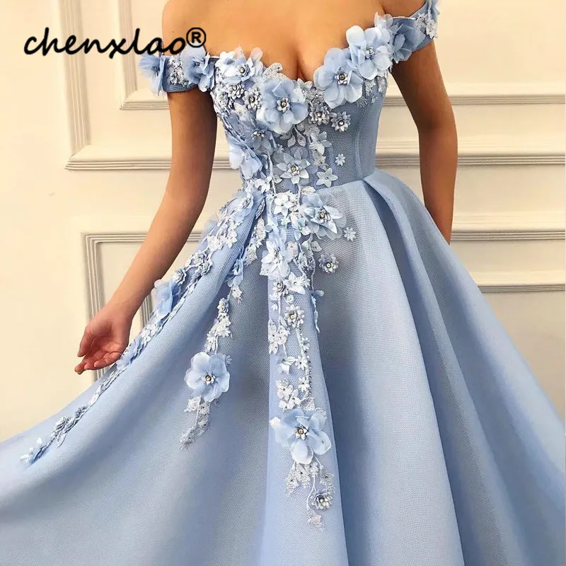 Небесно голубое вечернее платье вечерние платья с 3D цветами длинное в