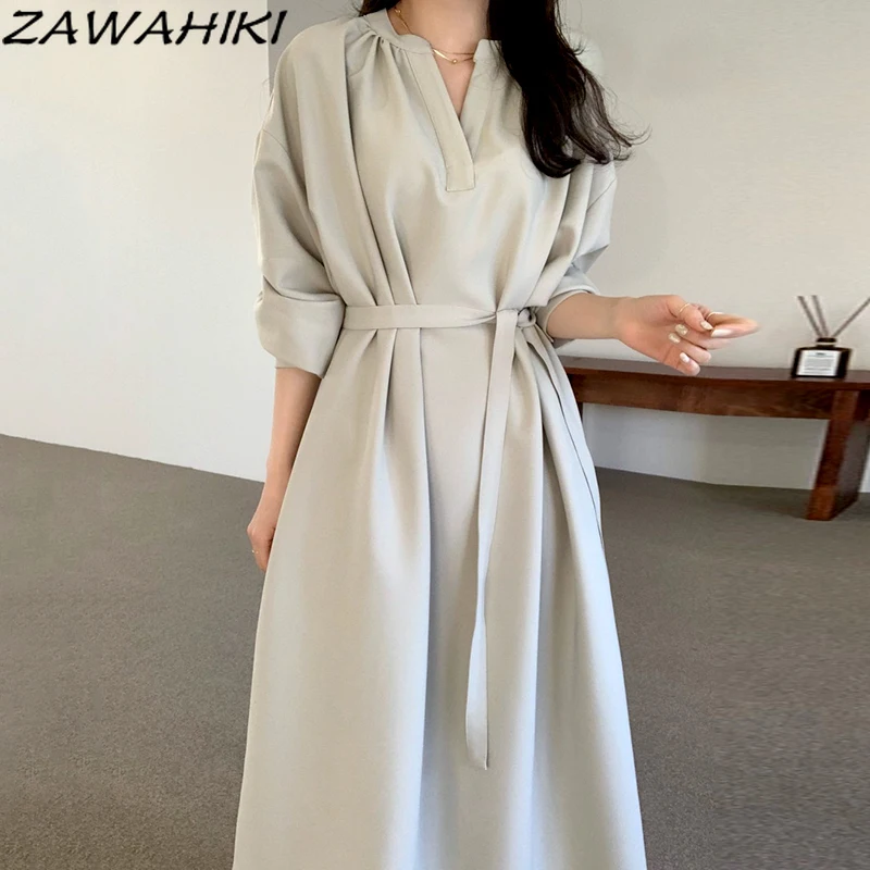 

ZAWAHIKI Chic Temperament V Neck High Waist Long Puff Sleeve Dress Women Solid Elegant New Fashion A Line Dresses with Sashes