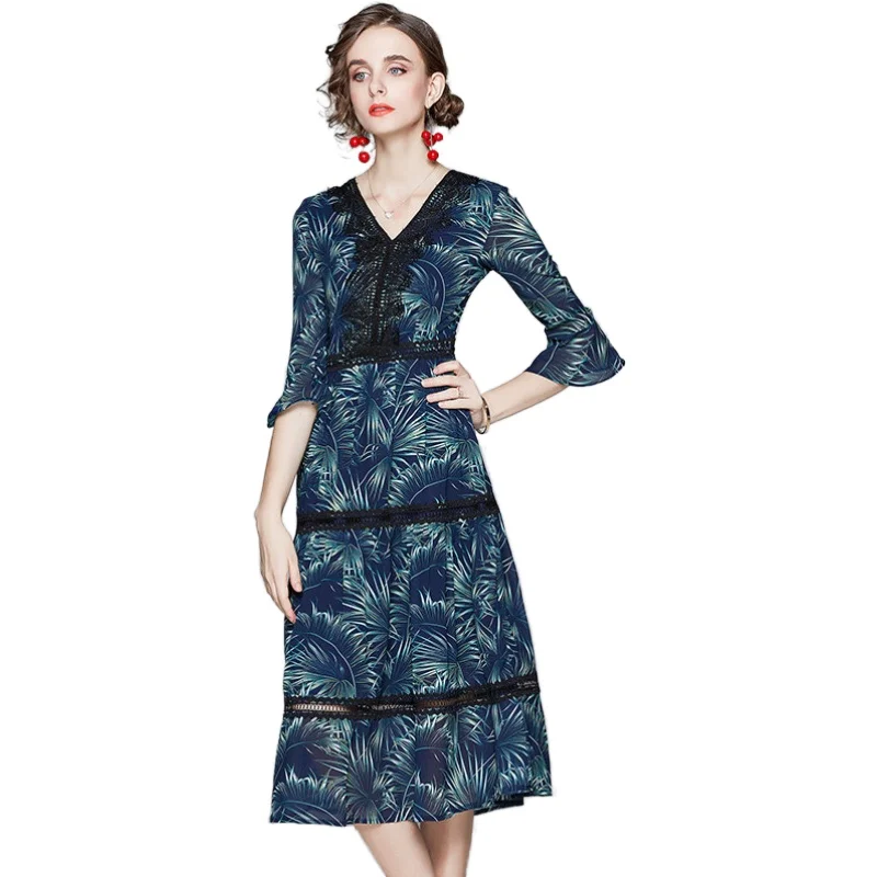 

Simgent Flare Sleeve Dress Women V-Neck Three Quarter Sleeve Lace Patchwork Midi Casual Dress Vestidos Dames Jurken SG07272