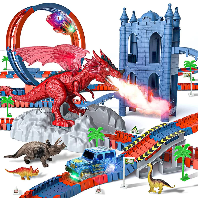 

New Spray Electric Dinosaur Rail Car Assembled 360 Rotating Electric Toy Boy Girl Christmas Birthday Gift Valentine's day love