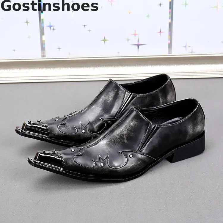 Черная обувь из натуральной кожи мужские слипоны с металлическим наконечником