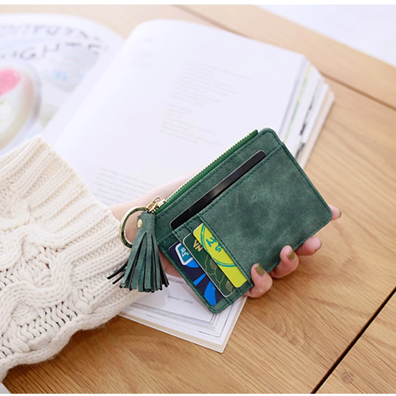 Matt Leather Mini Tassel Women Card Holder Cute Credit ID Card Holders Zipper Wallet Case Change Coin Purse Keychain Nubuck New
