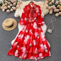 fitaylor new spring autumn women holiday style print bow lace up puff sleeve dress female floral high waist a line long dress