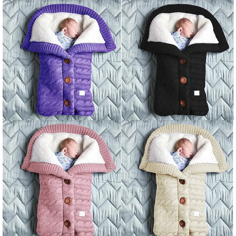 

Baby Sleeping Bag Winter Warm Newborn Blanket Sleep Sack Wool Infant Button Knit Outdoor Swaddling Wrap Cart Stroller Blanket