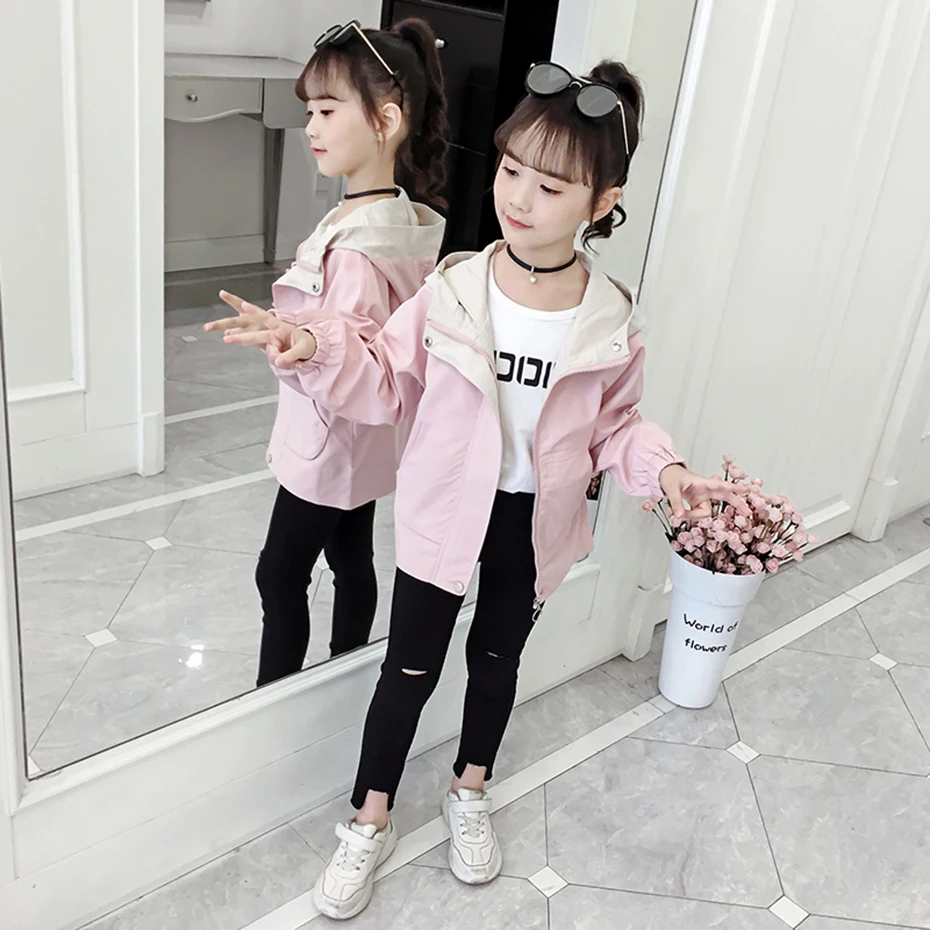 Kids Jacket Patchwork Hooded Windbreaker For Girls Letter Print Jackets Spring Autumn Novelty Outerwear School | Детская одежда и