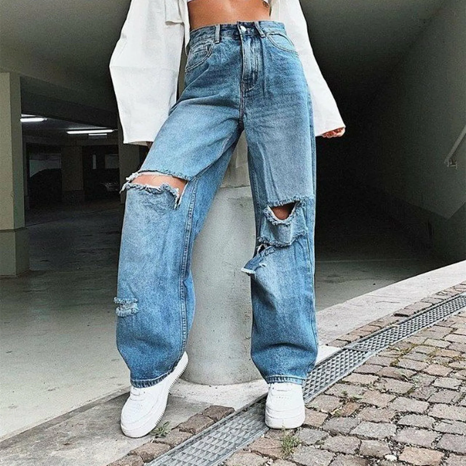 

Women's Daily Street Pants Fashion Solid Color Retro Casual Jeans High Waist Washed Ripped Straight Pants 2021
