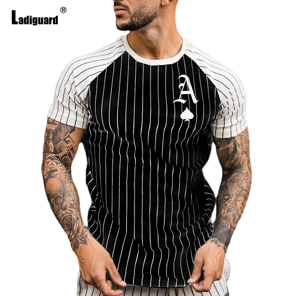 

Ladiguard Plus SIze 3xl Men Basic Top Patchwork Stripes T-shirt Sexy Mens clothing 2021 Summer Casual Pullovers Skinny Tee Shirt