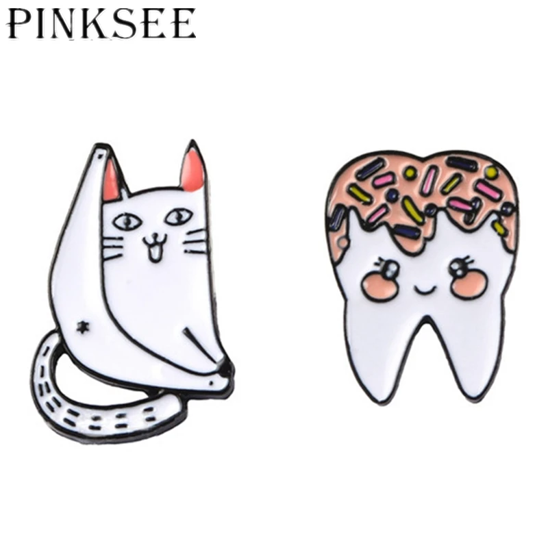 

Pinksee Newest Cute Fashion White Long Tail Cat Brooch Cartoon Teeth Lapel Pins Women Kids Clothes Backpack Jewelry Accessories