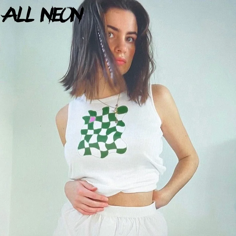 

ALLNeon 90s Streetwear Green Argyle Plaid Print Crop Tops Y2K Fashion Sleeveless O-neck White Tank Top Summer Casual Vests New