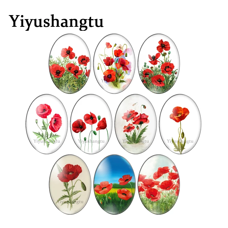 

Red poppy beautiful flowers pattern 13x18mm/18x25mm/30x40mm Oval photo glass cabochon flat back Making findings