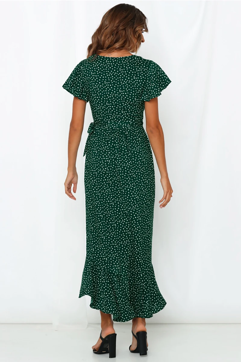 

New Casual Women Irregular Summer Dress Short Sleeve V-neck Bandage Long Dress Printed Ruffle High Waist Women Beach Boho Dress