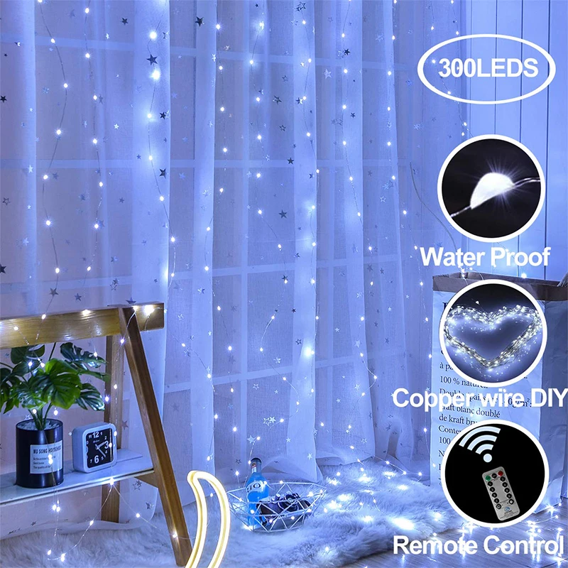 

300 светодиодов, 8 режимов, Мерцающая звездсветильник навеска на окно, s 3 м x 3 м, USB, дистанционное управление, медный провод, занавеска, свет для...