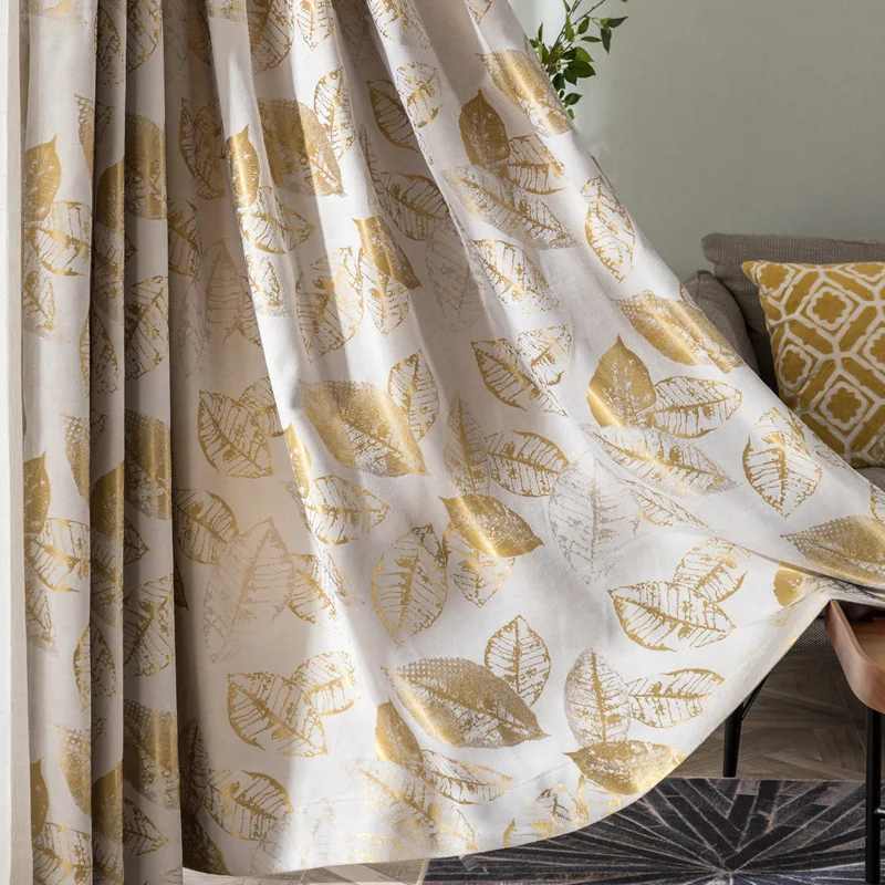 

Chenille Curtains for Living Room Modern Simple Golden Leaf Design Thermal Insulated Fabric Bay Window Drapes