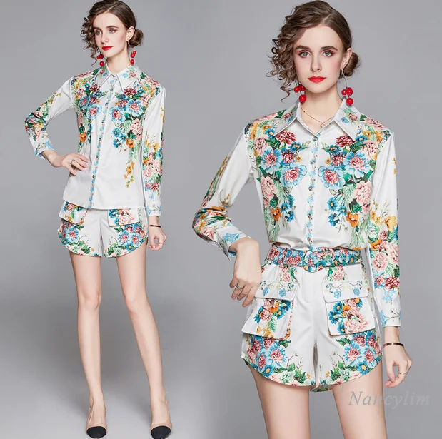 

Elegant Two Piece Sets Women's Vintage Floral Print Long Sleeves Shirt + High Waist Wide Leg Shorts Lady Fashion Outfits