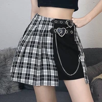 mixed check skirt with chain heart buckle high waist pleated plaid skirt e girl dark goth alt y2k aesthetic style