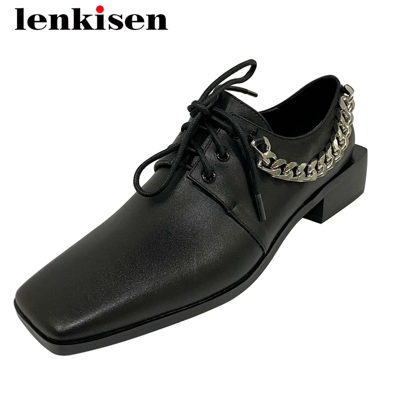 

Lenkisen fashion style natural leather chain decorations coolest square toe thick med heel lace up young lady women pumps L27