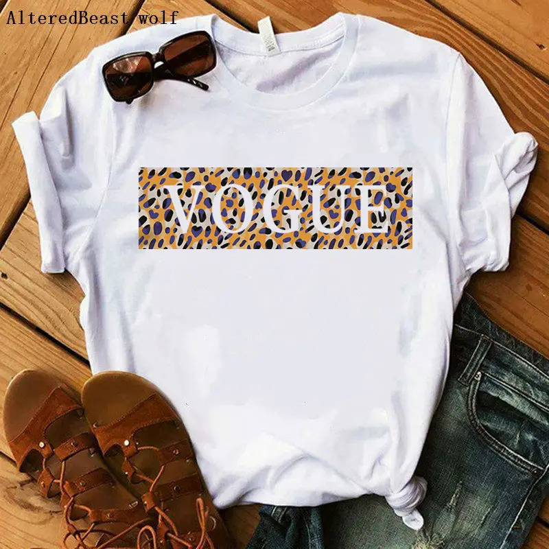 

2020 Summer Women T Shirt Red Leopard VOGUE Letter Print Cute T-shirt Female Casual Harajuku Short Sleeve Vogue White Tops