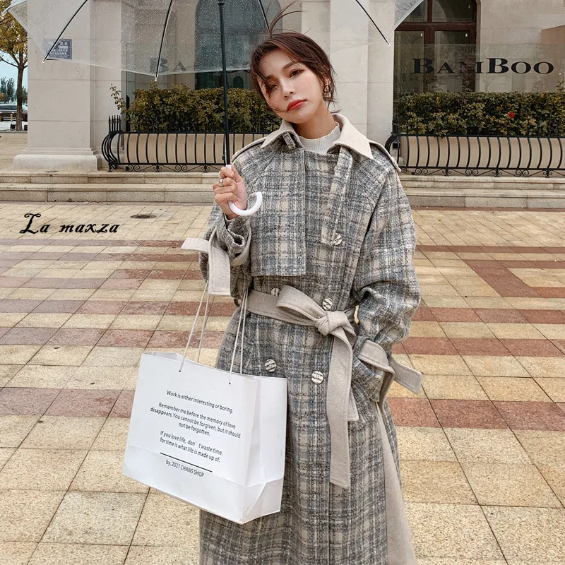 

Korean Fashion 2021 Women Plaid Coat Winter Vintage Elegant Wool Belt Double Breasted Coat
