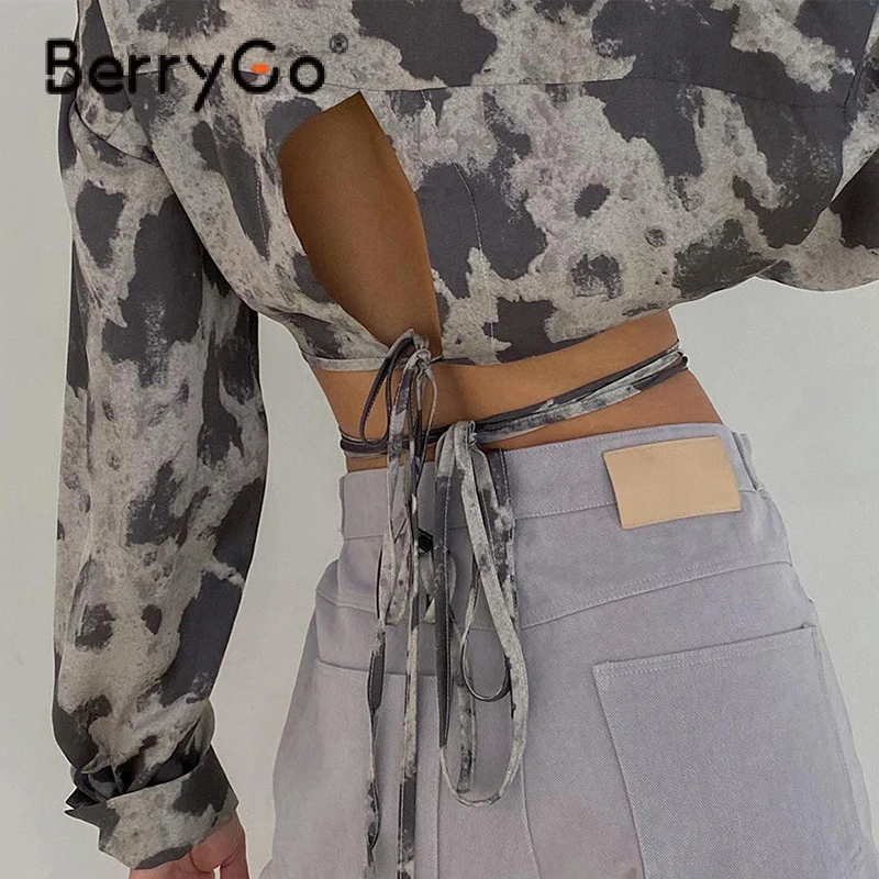 

BerryGo 2021 Fashion tie dye lapel long sleeve blouse women Elegant belt short shirt Vinatge chic tops girls