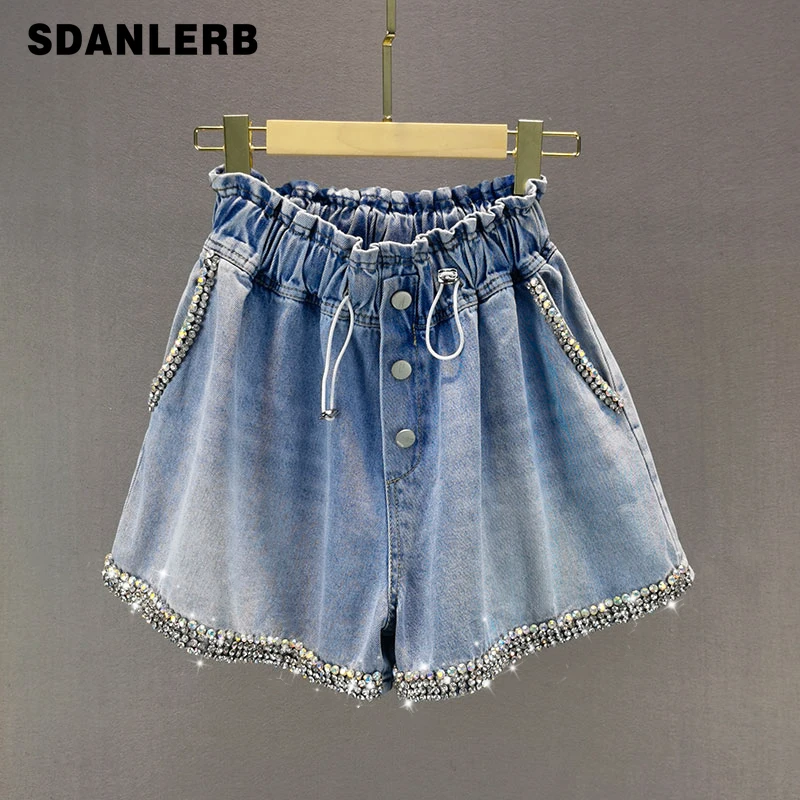 

Джинсовые шорты FAKUNTN Стразы А-силуэта, женские модные летние короткие джинсы 2021, новые стройнящие свободные широкие брюки с высокой талией