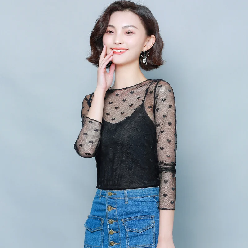 

Женская сетчатая блузка с длинным рукавом и принтом в горошек