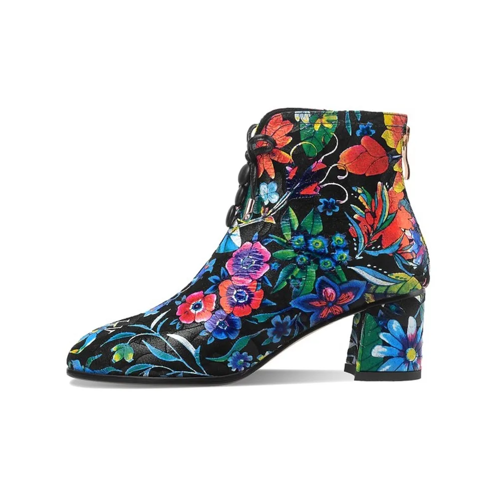 

OLOMLB Womens Ankle Boots Printed Floral Mixed Colors Genuine Leather Shoes Lace Up Round Toe Block Heel Plus Size 34-43 2022