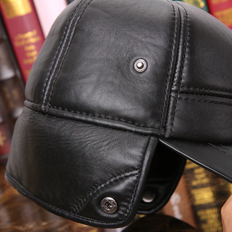 100% Genuine Leather Leather hat middle-aged man winter warm earmuffs thickening baseball cap sheepskin wool  man winter hats