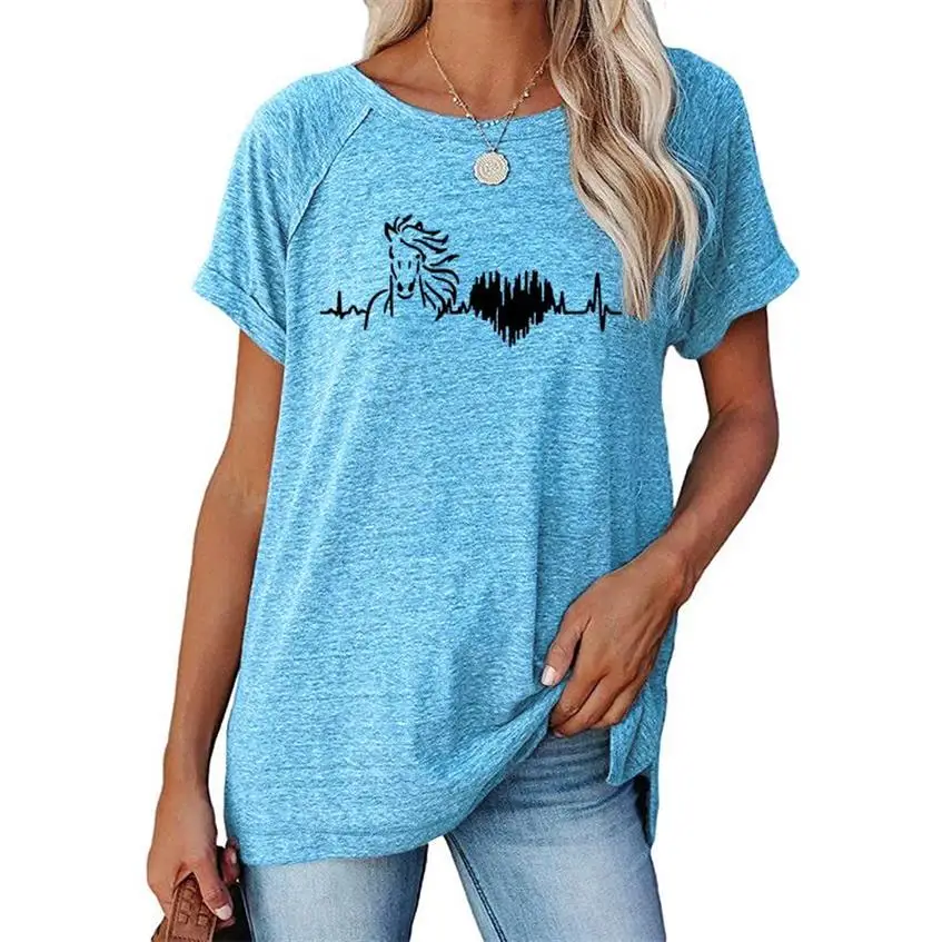 

Women Girl Heartbeat Of Horse T Shirts Women Summer Style Cotton Cute Horse Oversized Vigtage Woman T-shirts Female Tee Tops