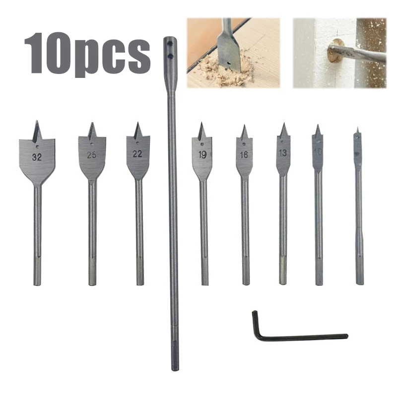 

High Quality 10pcs Three Point Woodworking Flat Drill Bit Set Round Hexagonal Handle Opener Set Flat Bit Plank Punch