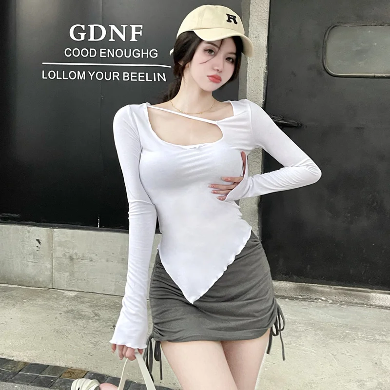 

Осенняя Сексуальная футболка с открытыми плечами и длинным рукавом