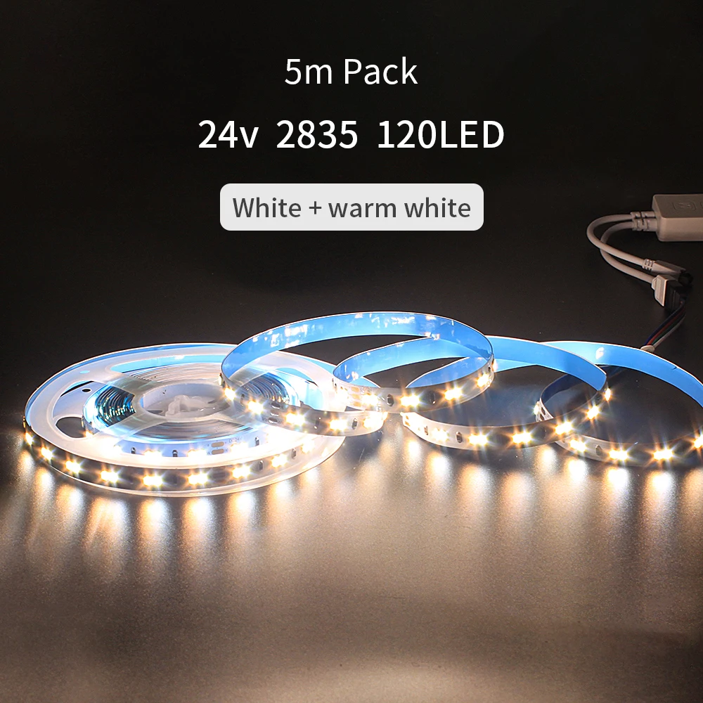

5M 24V 600LED Double Color LED Strip Light 2835 SMD Ribbon Diode TV Background Lighting Tape Home Decor Lamp Warm White+White