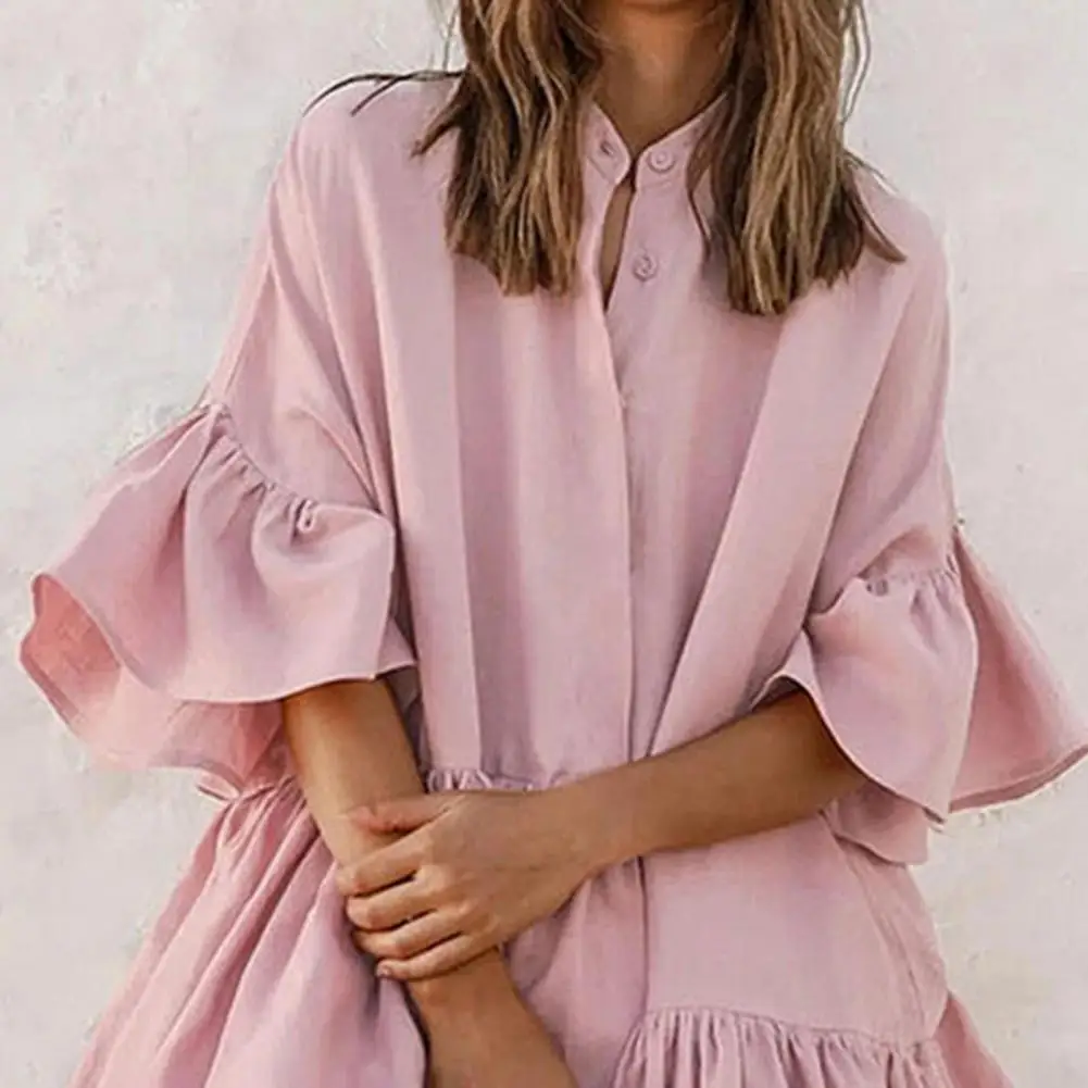 

2021 Summer Women Dress Plus Size Fashion Ruffle Asymmetric Ruffle Half Sleeve Stand Collar Solid Color Oversize Mini Fashion