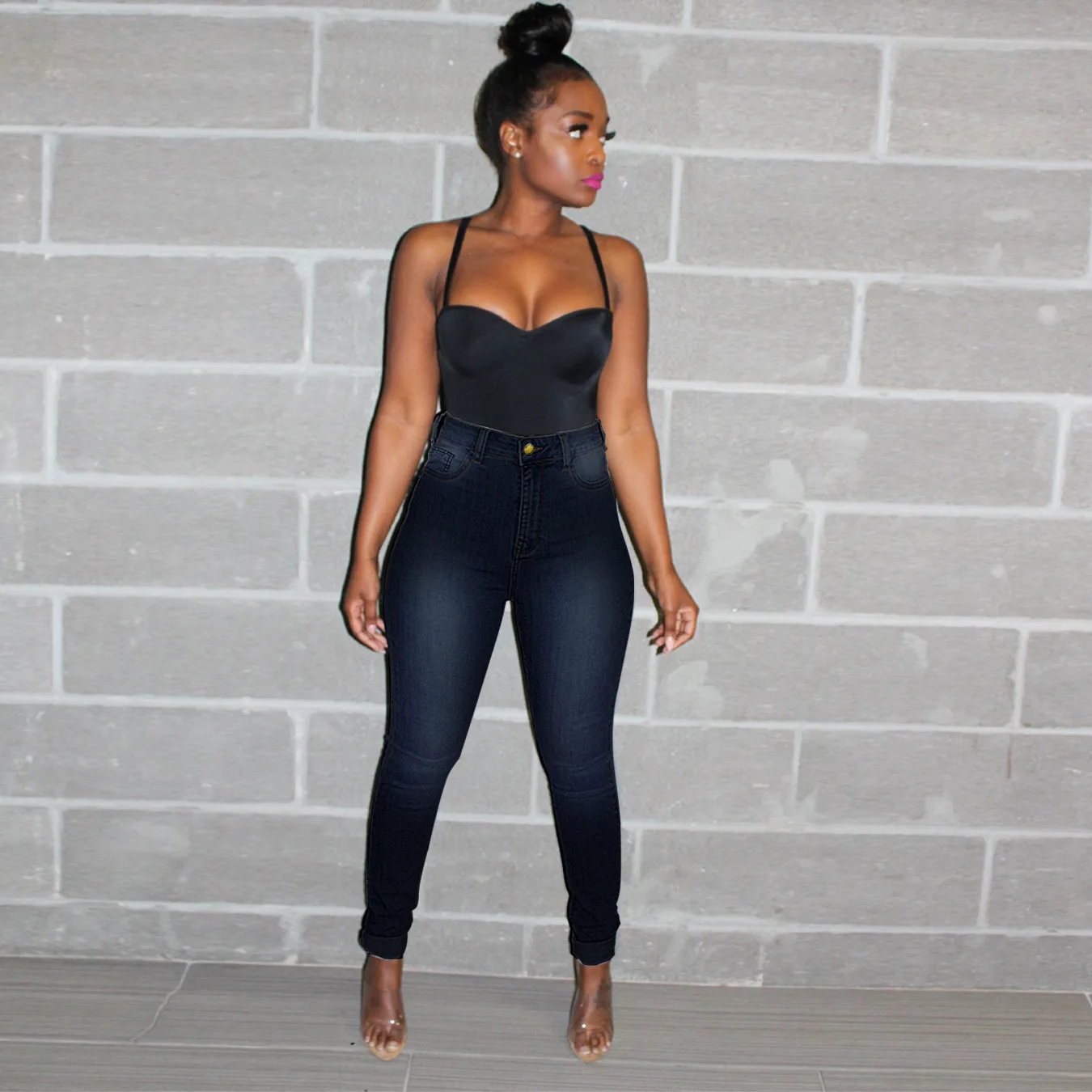 

PLUS SIZE Women's classic solid color thin stretch denim pants custom logo print on product and package from 1pc dropship