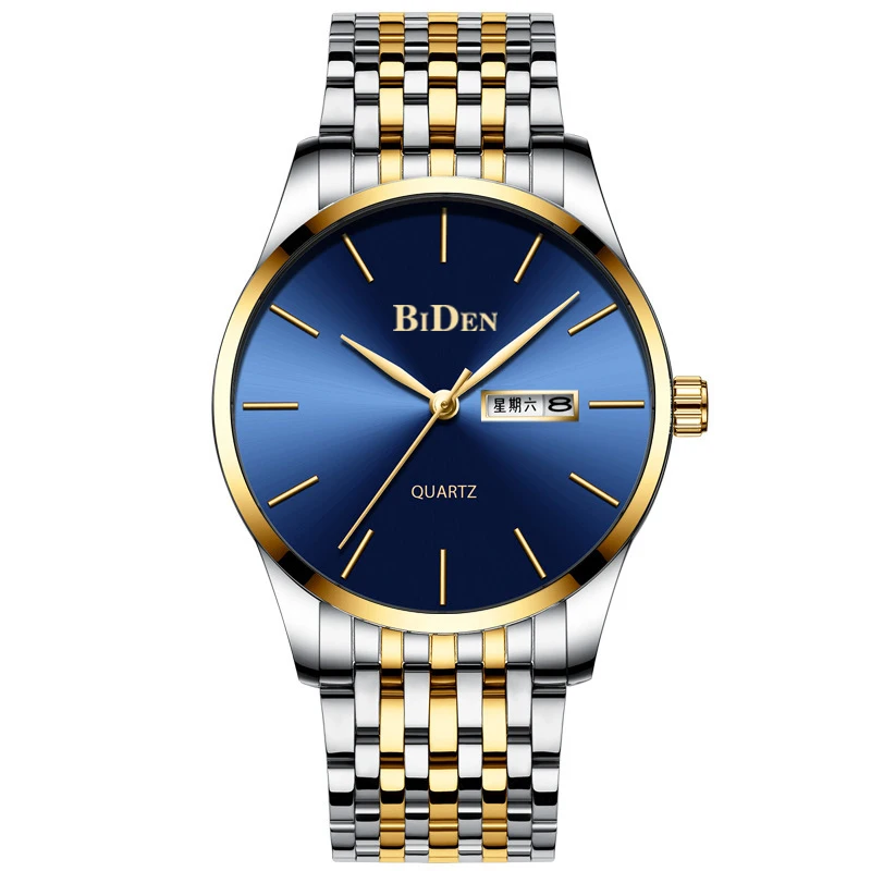 

BIDEN Blue Golden New Fashion Mens Watches Top Luxury Brand Sport Quartz Watch Waterproof Wristwatch Stainless Steel Date Clock