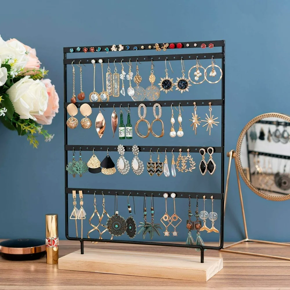 

Earrings Holder 5 Layers Jewelry Organizer Display Tree Earrings Stand with Wooden Base Stand Hanging Earrings Ear Stud Rack