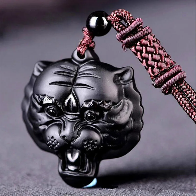 Натуральный черный обсидиан голова тигра кулон бусы ожерелье модное очарование