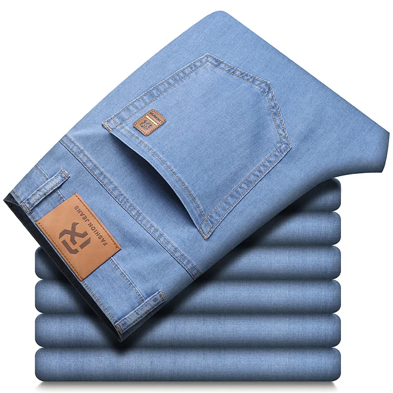 

Summer Men's Light Blue Thin Straight Loose Jeans Business Casual Tencel Fabric Stretch Denim Pants Male Brand Trousers