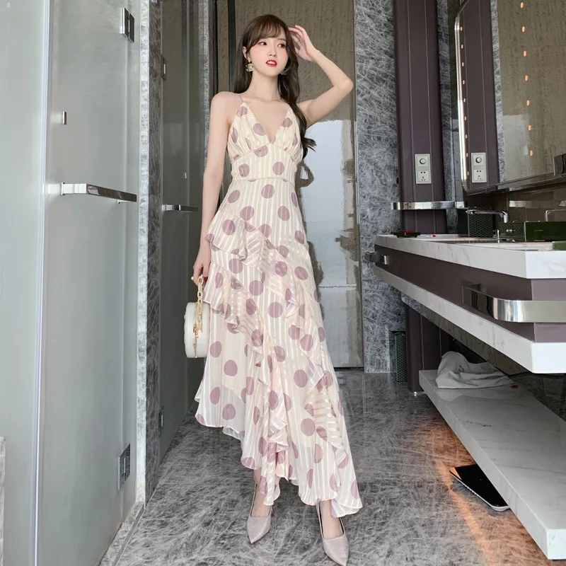 

Print Polka Dot Sexy Ruffle Summer Dress 2020 Deep V-neck Sexy Spaghetti Strap Dress Ladies Corset Asymmetric Midi Pleated Dress