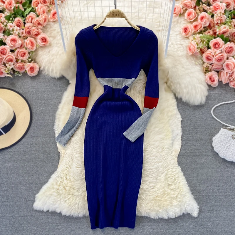 Fashion Patchwork Maxi Dresses Long Sleeve Knitted Sweater Robe Winter V Neck High Waist Elegant Slim Casual Midi Rib Vestidos | Женская
