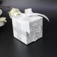 50pcs cross candy box bomboniere wrap holders with ribbons for baby shower baptism birthday wedding first communion christening