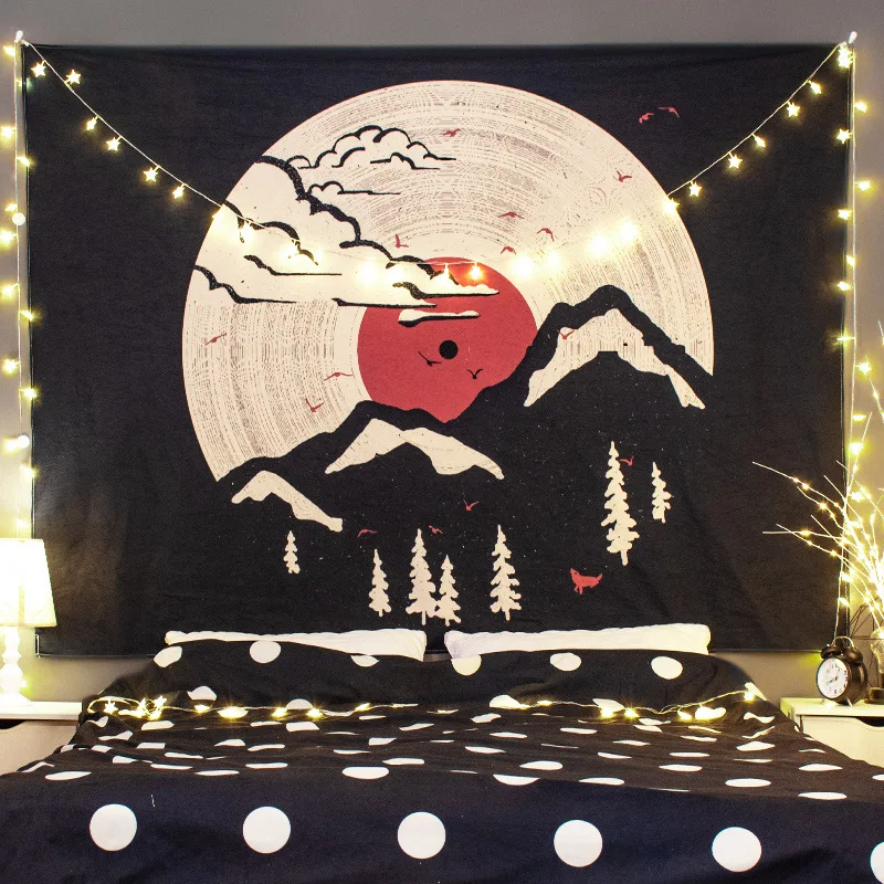 

Japanese Red Sunset Sunrise Tapestry Wall Fabric Black Film Background Mountain Wall Cloth Abstract Carpet Tapestries Home Decor