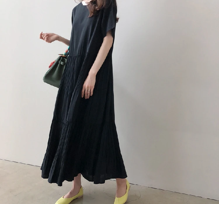 

COIGARSAM Short Sleeve Women dress Summer Cotton Linen Loose Solid Pleated O-Neck Dresses Khaki Black 669