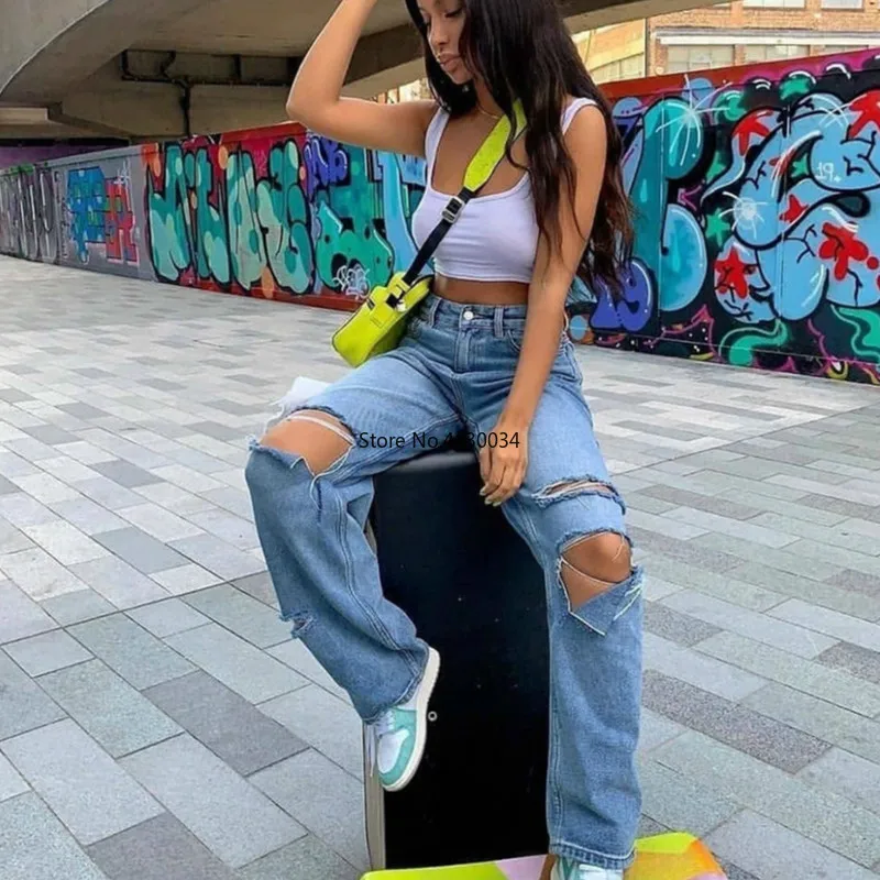 Рваные джинсы повседневная Уличная одежда женские джинсовые штаны mujer высокая