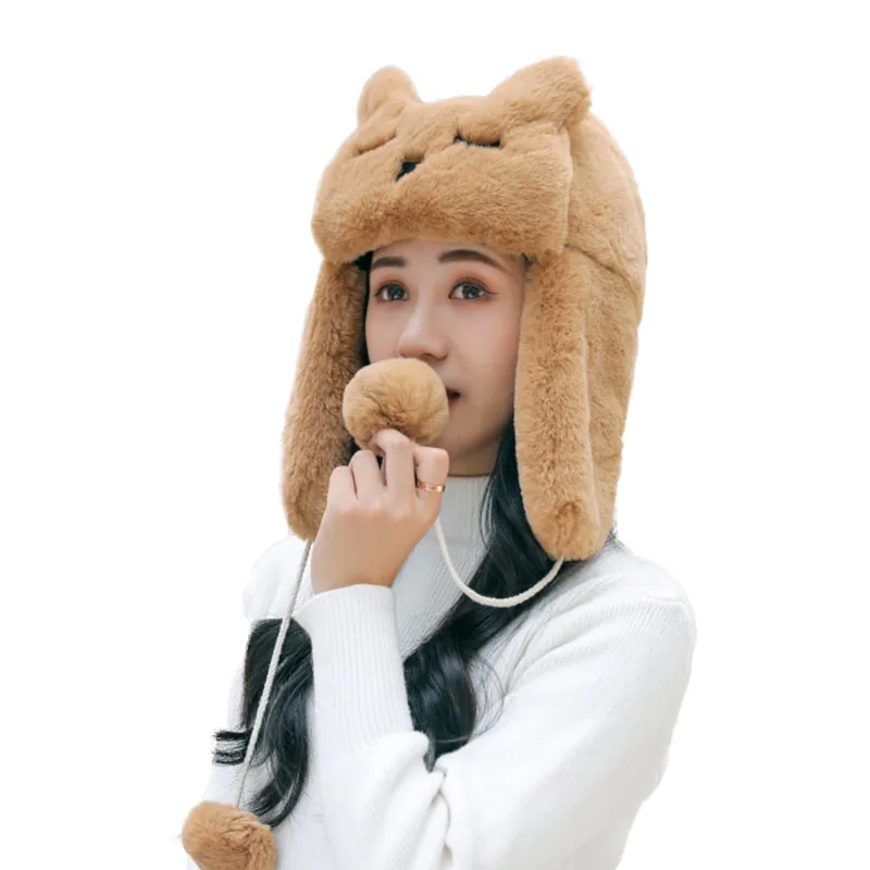 

Women Winter Cat Ear Faux Fur Bomber Hats Cute Hair Ball Plus Velvet Thickening Keep warm Ear Protection Cap