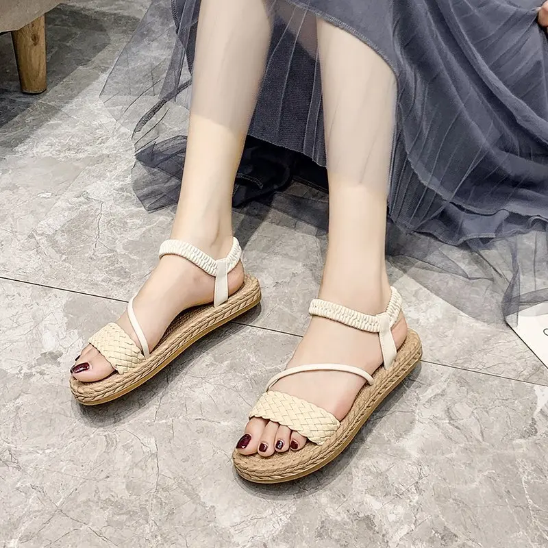

2021 Sandals Black Shoes for Women Breathable Clear Heels Soft New Beige Elastic Band Fashion Summer Comfort Girls Flat