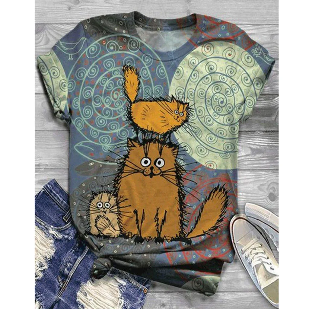 

Летний отдых брюки для девочек свободные удобные животных печати Дамы Круглый воротник Топ для женщин с коротким рукавом и О-образным вырез...