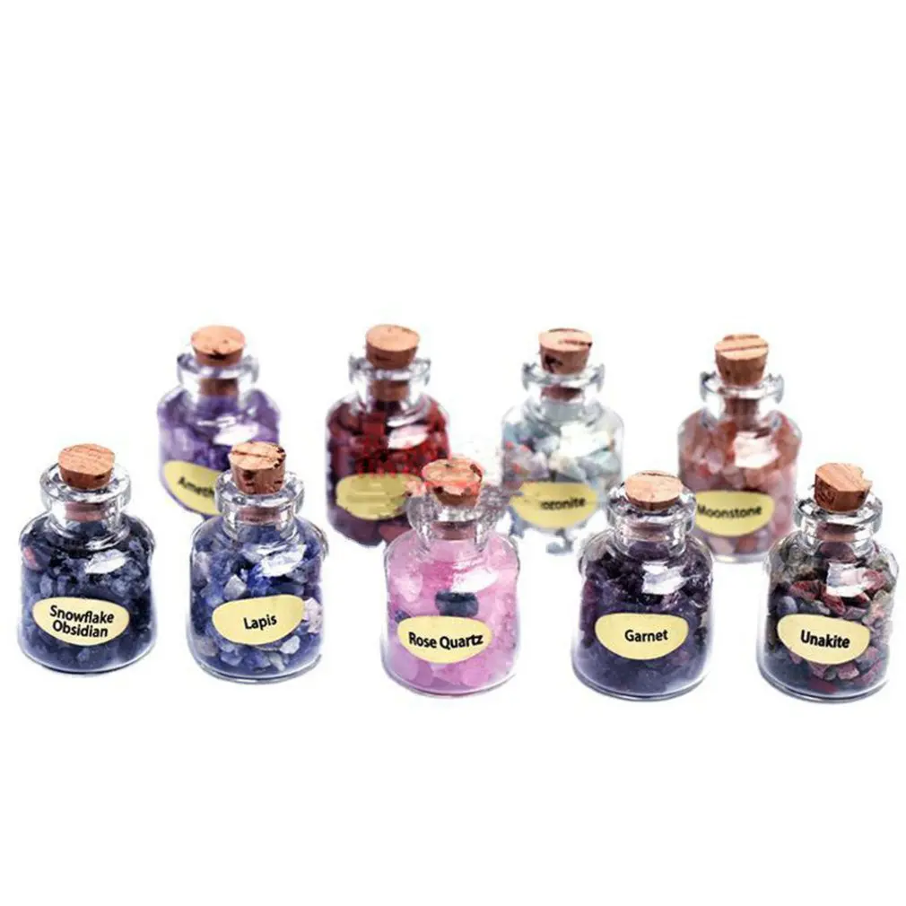 

9PC Mini Glass Wishing Bottles Natural Chip Stones Healing Crystal Decoration Lucky Drifting Bottle Birthday Gifts for friends