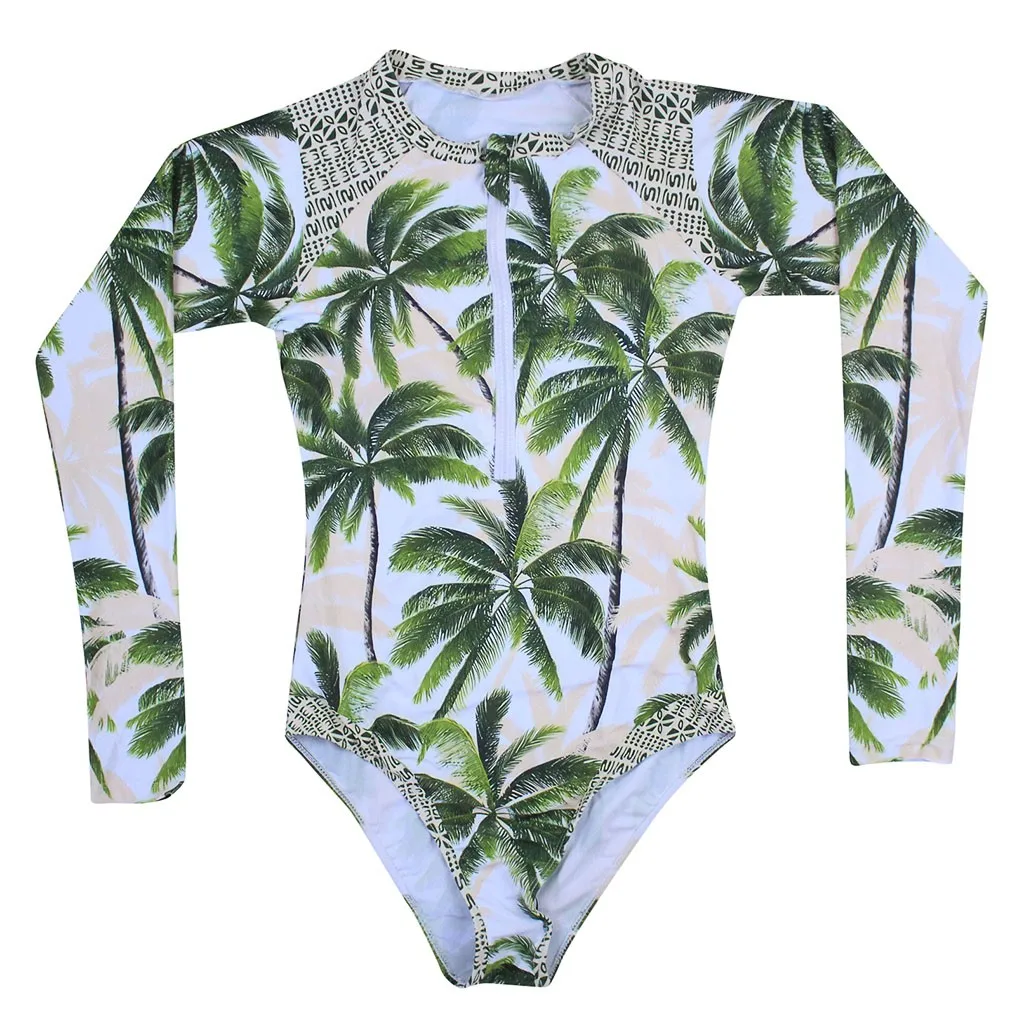 

Women Summer Surf Beach Leaf Long Sleeve Swimwear Beachwear Siamese Swimsuit