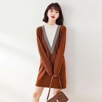 fake two pieces knitted women dress color contrast stripe sweater female dress loose o neck office ladies elegant autumn winter